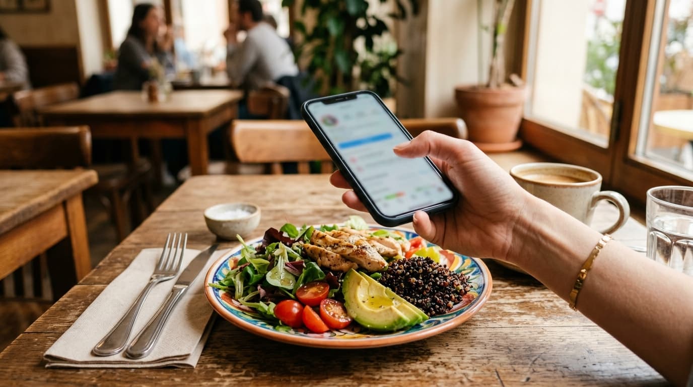 Illustration : une main tient un smartphone au-dessus d'une assiette de déjeuner colorée, écran flou, table de café.