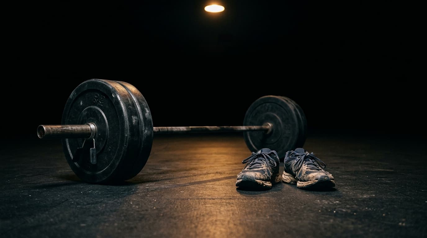 Une barre de musculation chargée et une paire de chaussures de course côte à côte sous un spot chaud