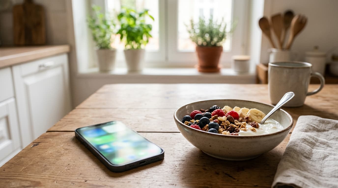 Illustration : un smartphone posé à côté d'un bol de petit-déjeuner dans une cuisine lumineuse, écran flou.