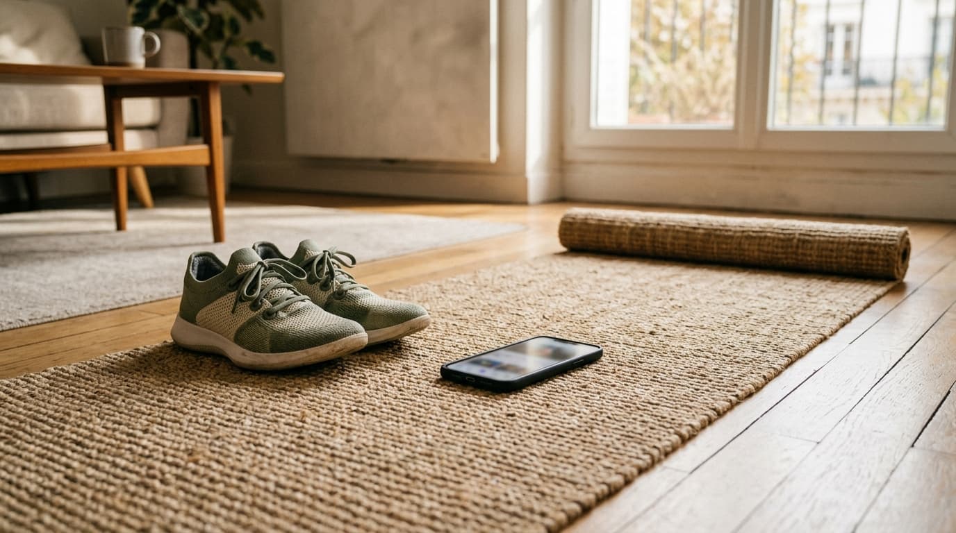 Illustration : un tapis de yoga, des baskets et un smartphone posé dessus, écran flou, lumière du matin.