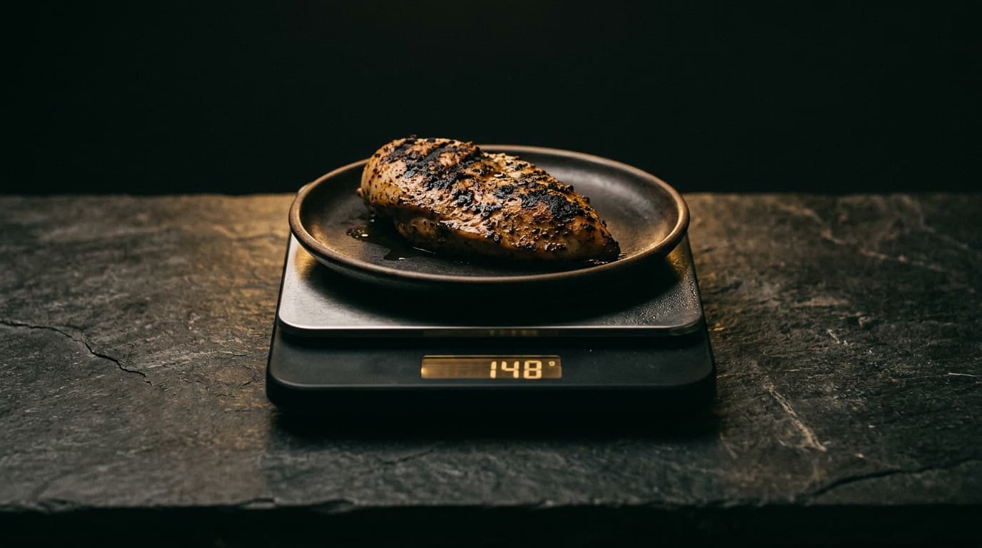 Balance de cuisine numérique sur plan sombre, portion de poulet grillé, lumière chaude tamisée
