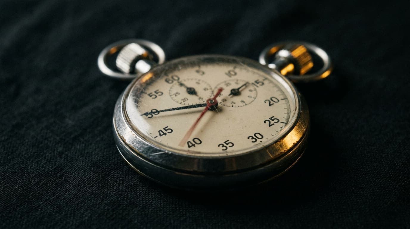 Chronomètre analogique vintage sur tissu sombre, aiguille des secondes floue en mouvement
