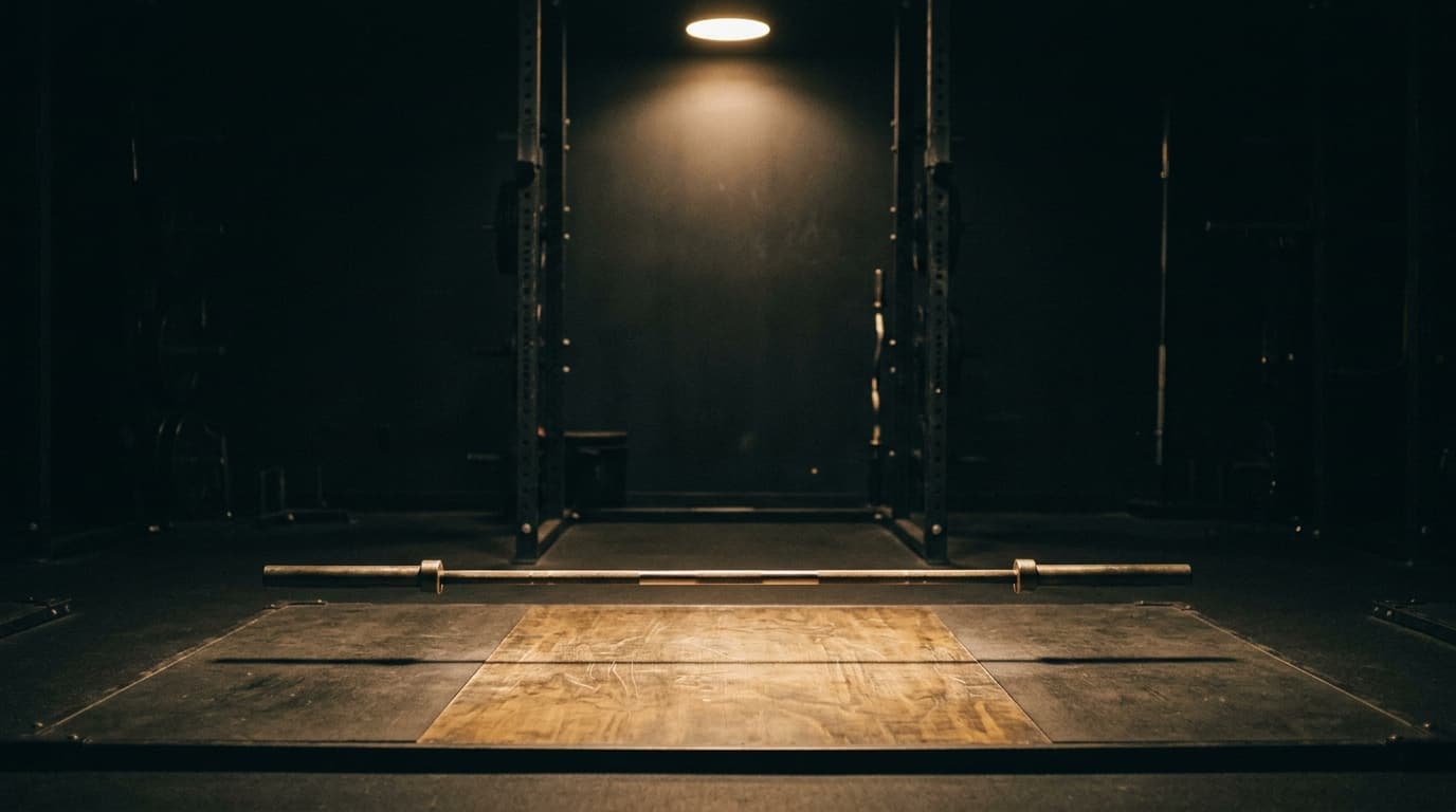 Barre olympique vide posée sur une estrade dans une salle sombre, un unique spot chaud au-dessus