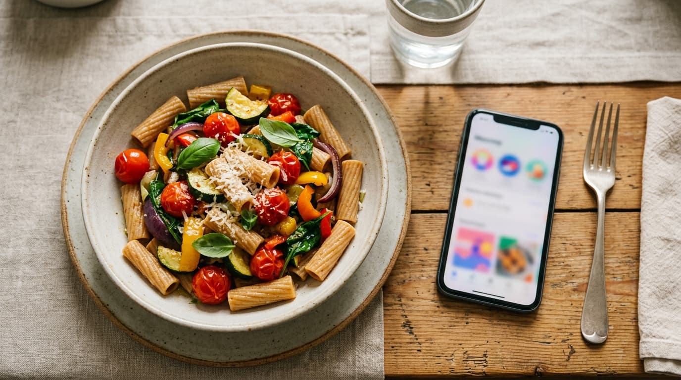 Illustration : un plat de pâtes aux légumes photographié de dessus, un téléphone posé à côté, écran flou.