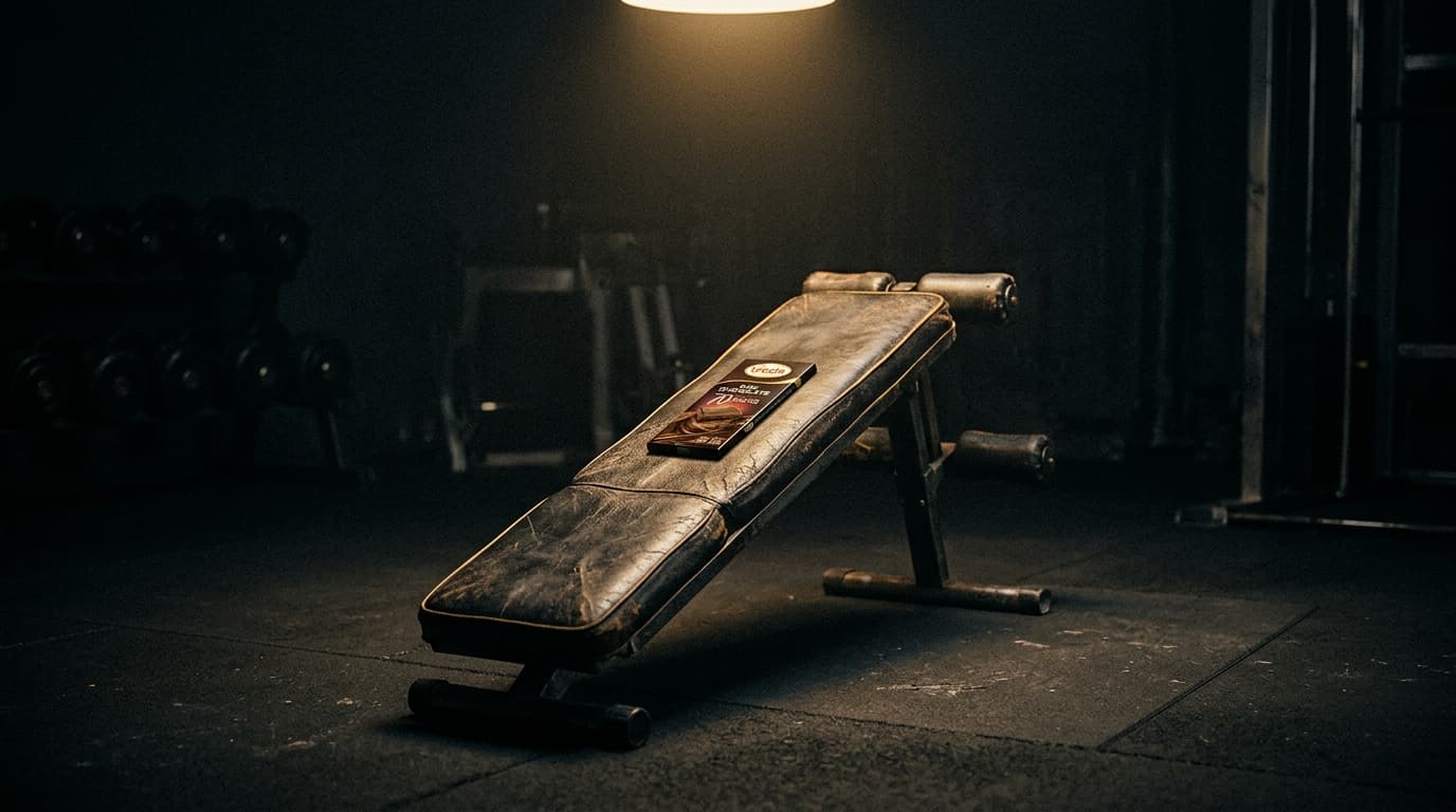 Vieux banc de sit-up dans une salle sombre, spot chaud isolant l'objet, tablette de chocolat posée sur le rembourrage