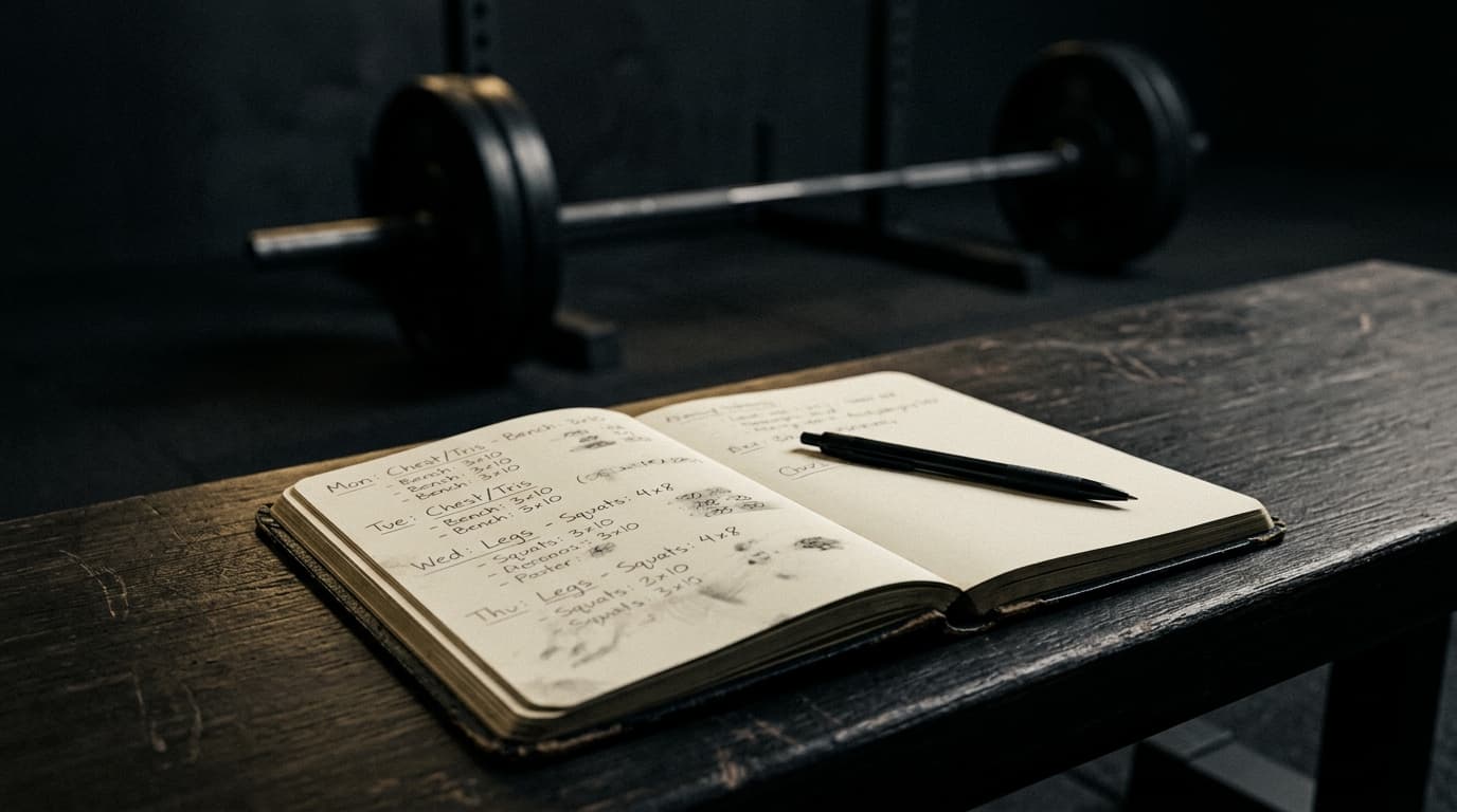 Carnet d'entraînement ouvert sur un banc de musculation, stylo posé en travers, barre floue à l'arrière