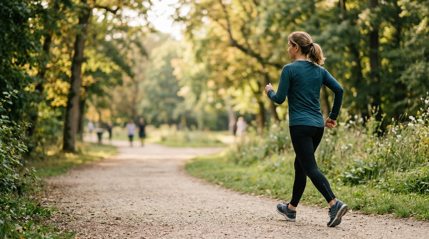 Illustration : une personne marche d'un bon pas dans un parc, le matin, en tenue de sport simple.