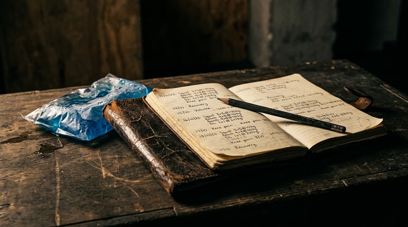 Carnet d'entraînement en cuir ouvert sur bois, crayon en travers, pack de glace fondu à moitié posé à côté