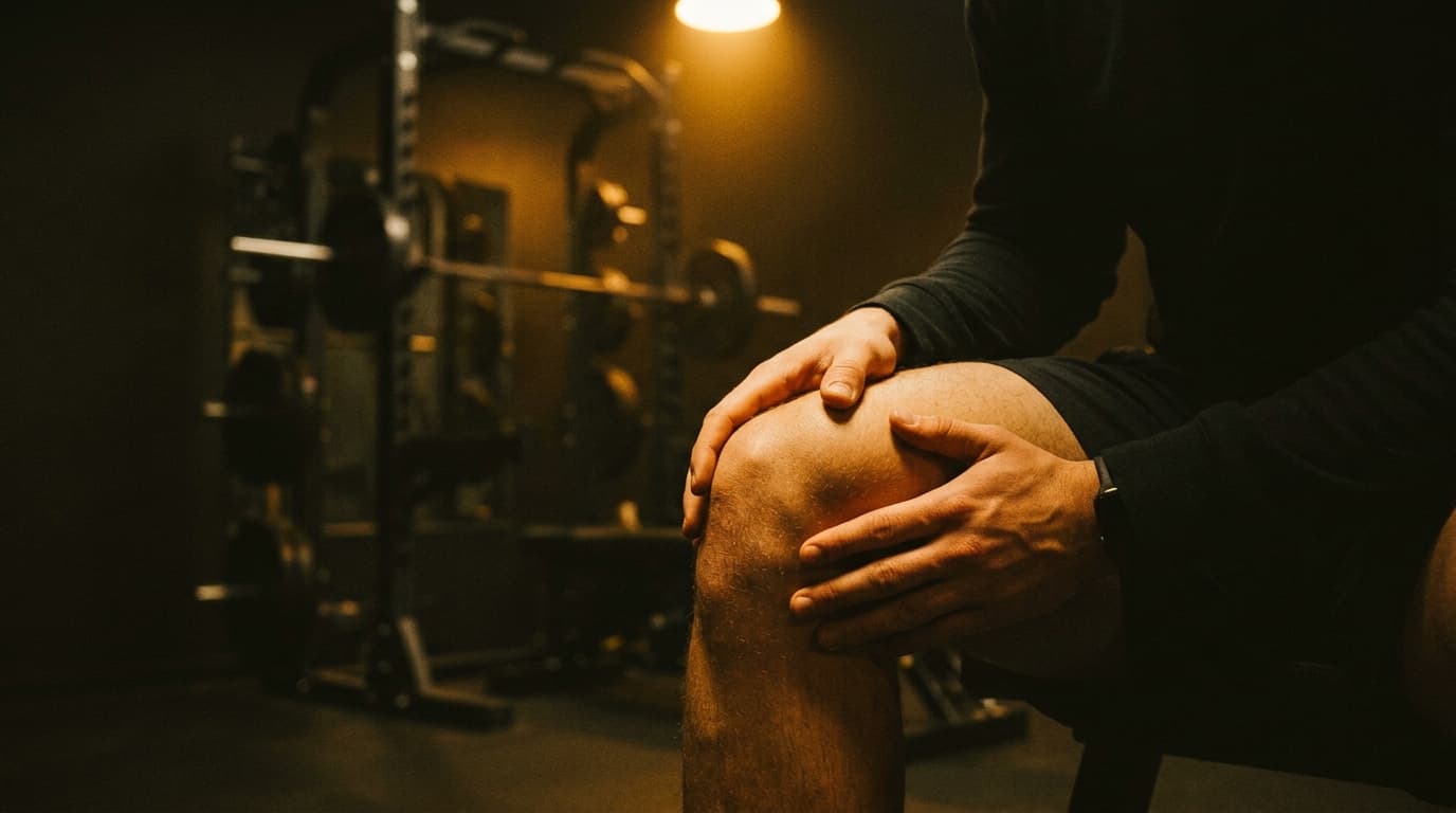 Gros plan d'un genou éclairé par un spot chaud, main posée dessus, rack de squat flou