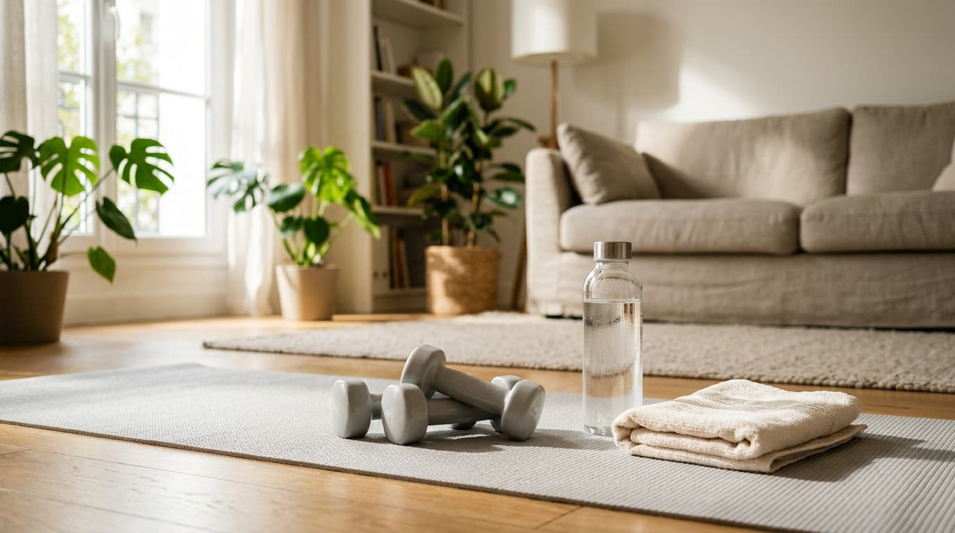 Illustration : des haltères légers, une bouteille d'eau et une serviette sur un tapis de sport dans un salon lumineux.