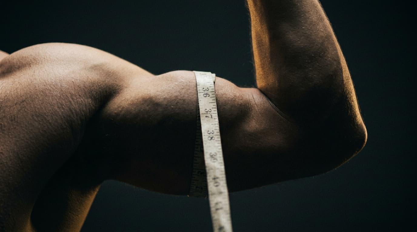 Mètre-ruban serré autour d'un biceps musclé, contre-jour doré, arrière-plan sombre