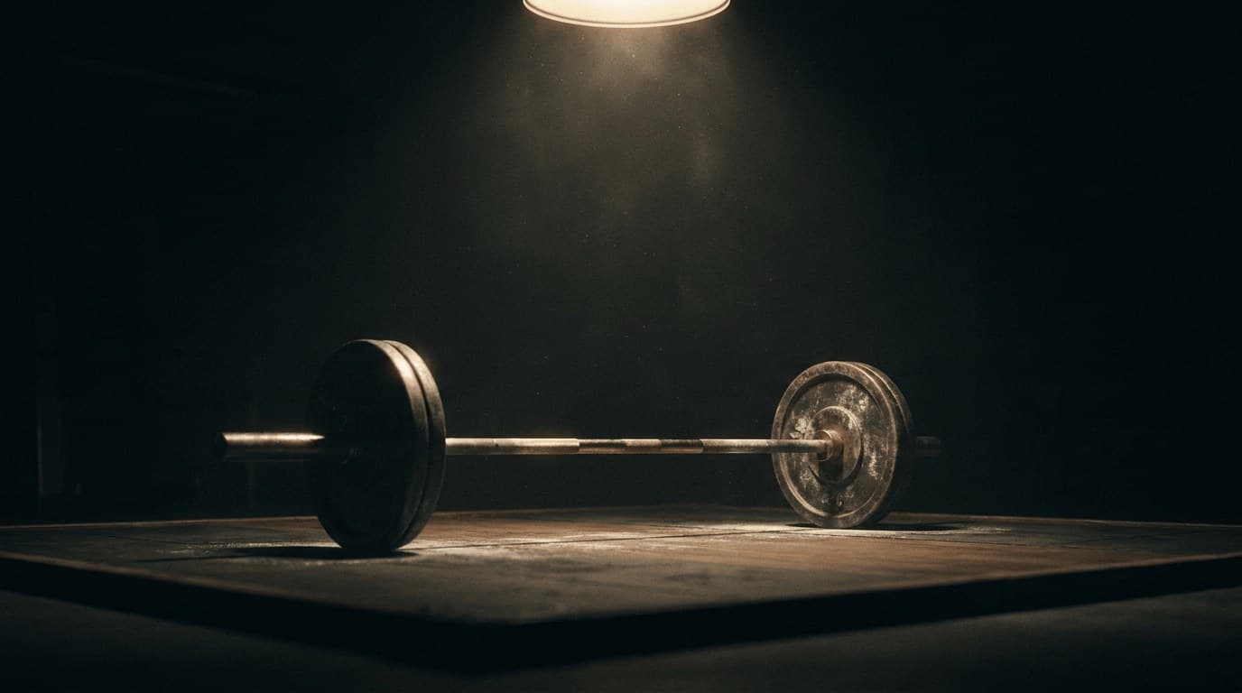 Barre chargée intacte sur une estrade de salle, fine poussière de magnésie, spot chaud, fond charcoal — l'image d'un plateau