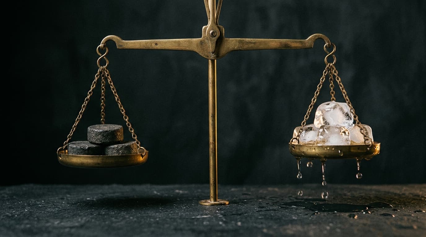 Balance à plateaux en laiton en équilibre entre poids de pierre et glaçons qui fondent