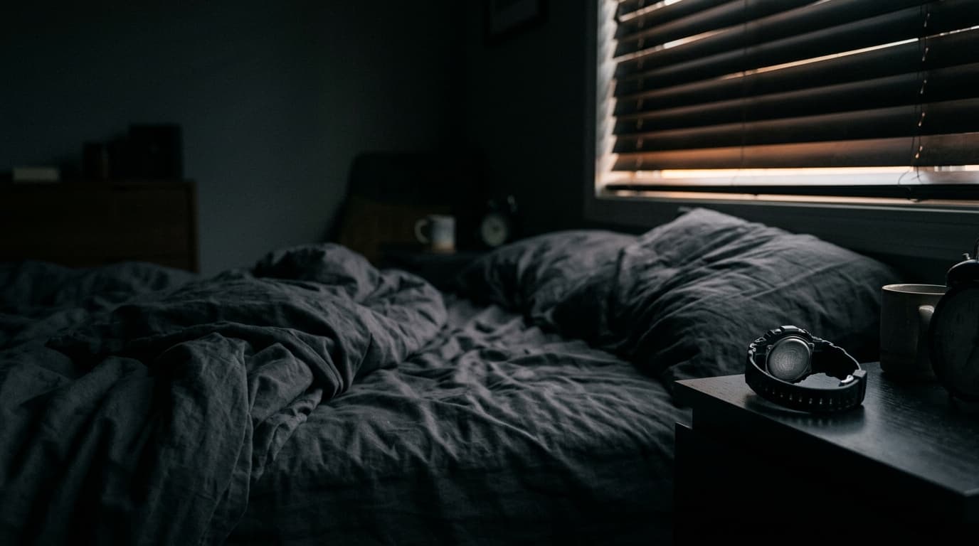 Chambre sombre au petit matin, draps froissés, montre de sport sur la table de nuit, rai de lumière chaude