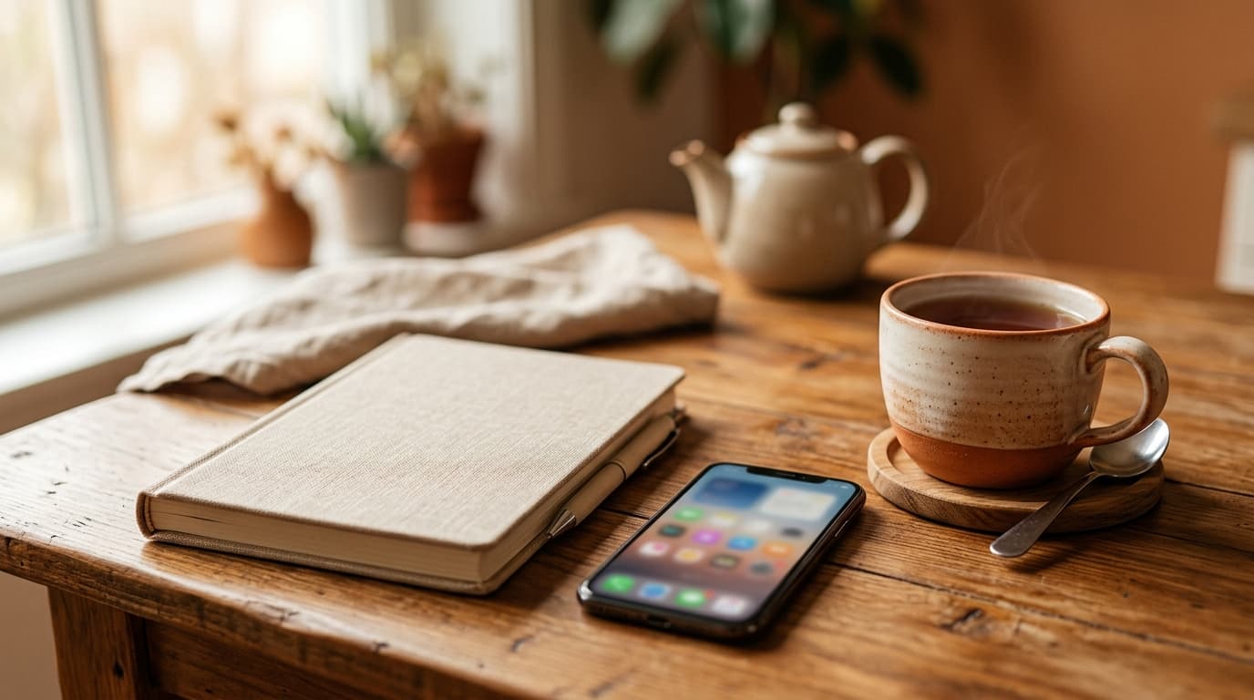 Illustration : un carnet fermé, un smartphone écran flou et une tasse de thé sur une table de cuisine.