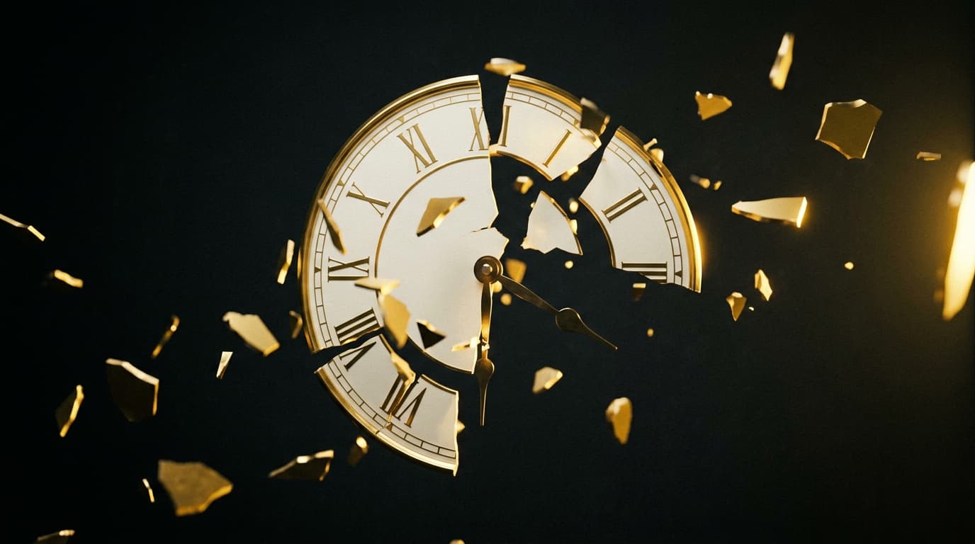 Horloge analogique abstraite éclatée, fond charcoal éditorial, lumière or