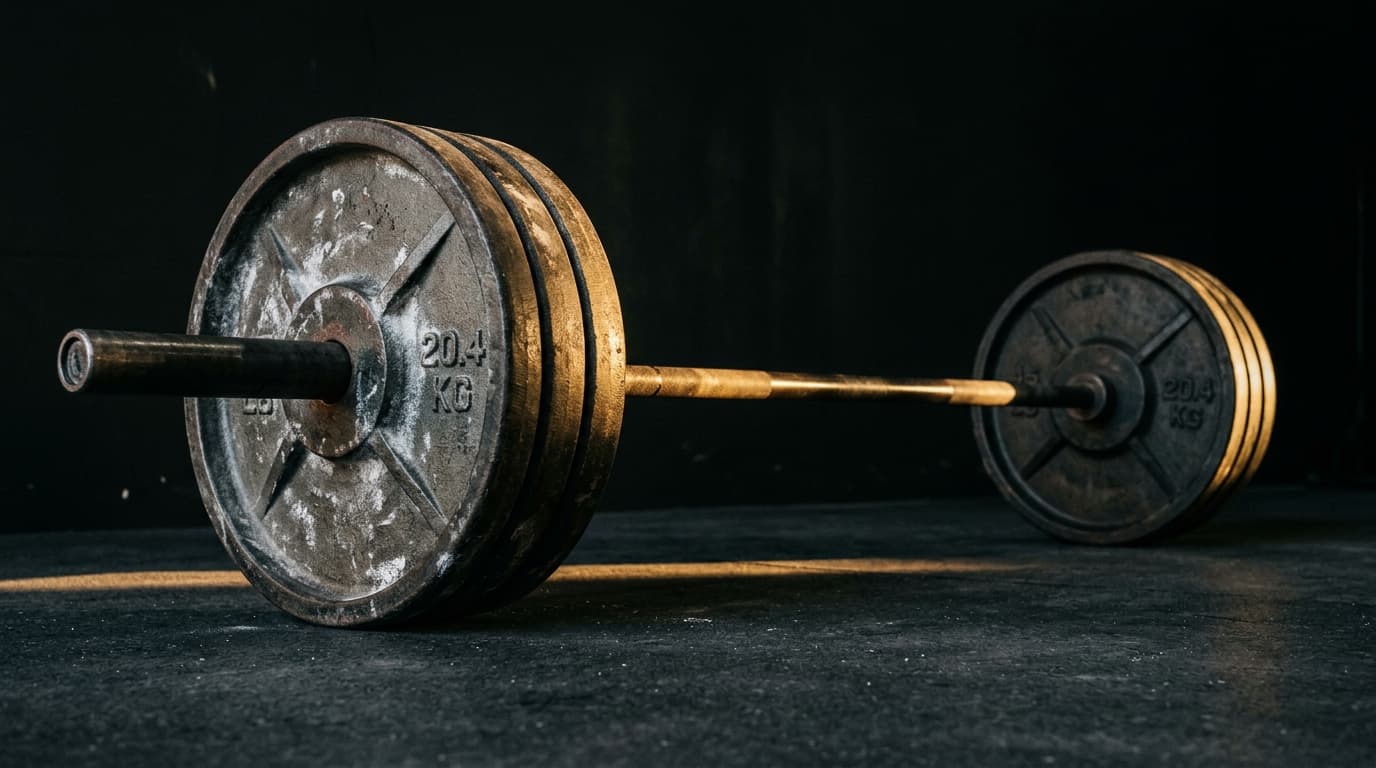 Athlète en sèche, barre de squat sur les épaules, salle minimaliste éclairée à contre-jour