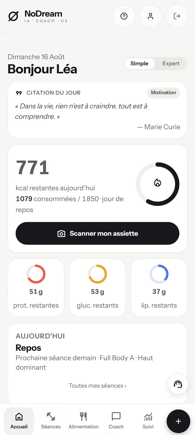 Écran de l'application : Tout tient sur un écran