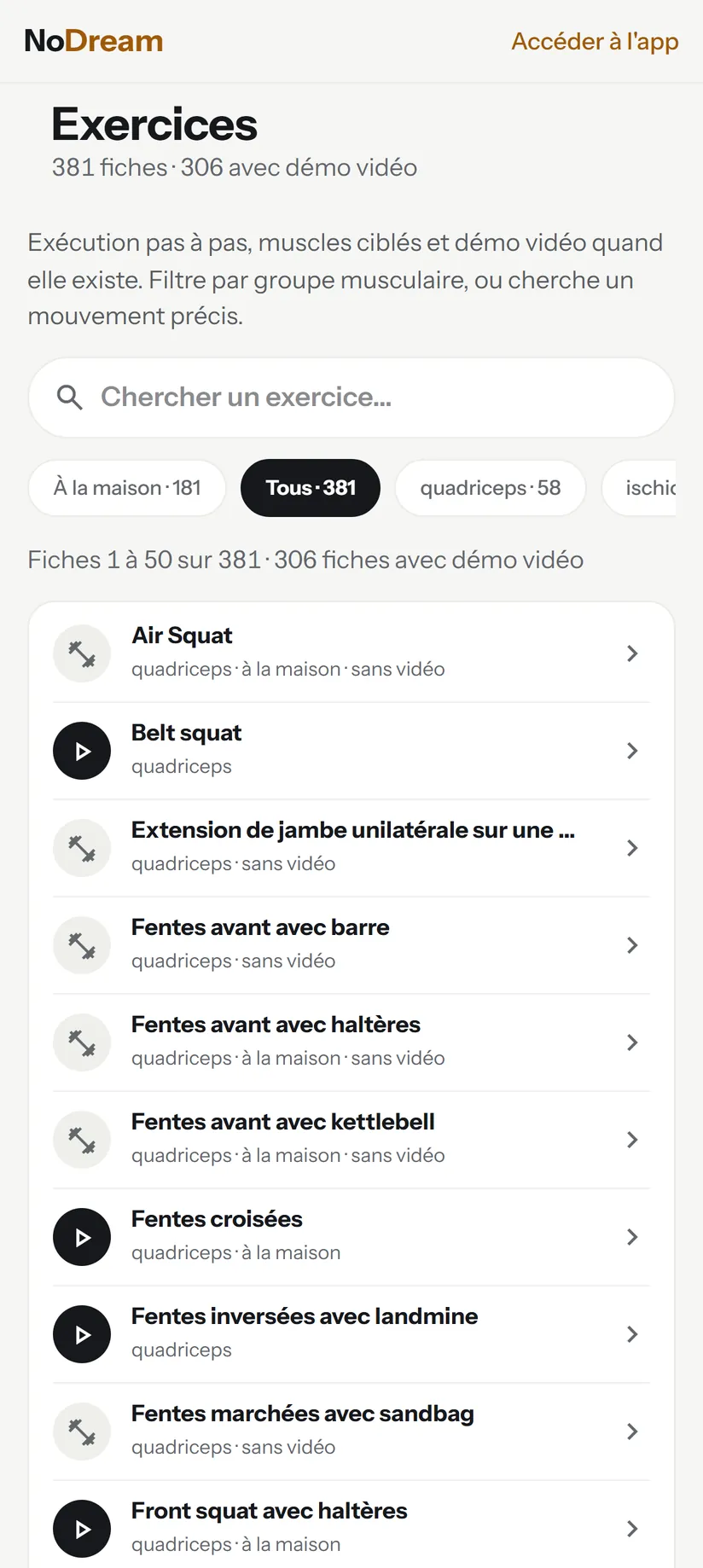 Écran de l'application : 381 exercices en vidéo