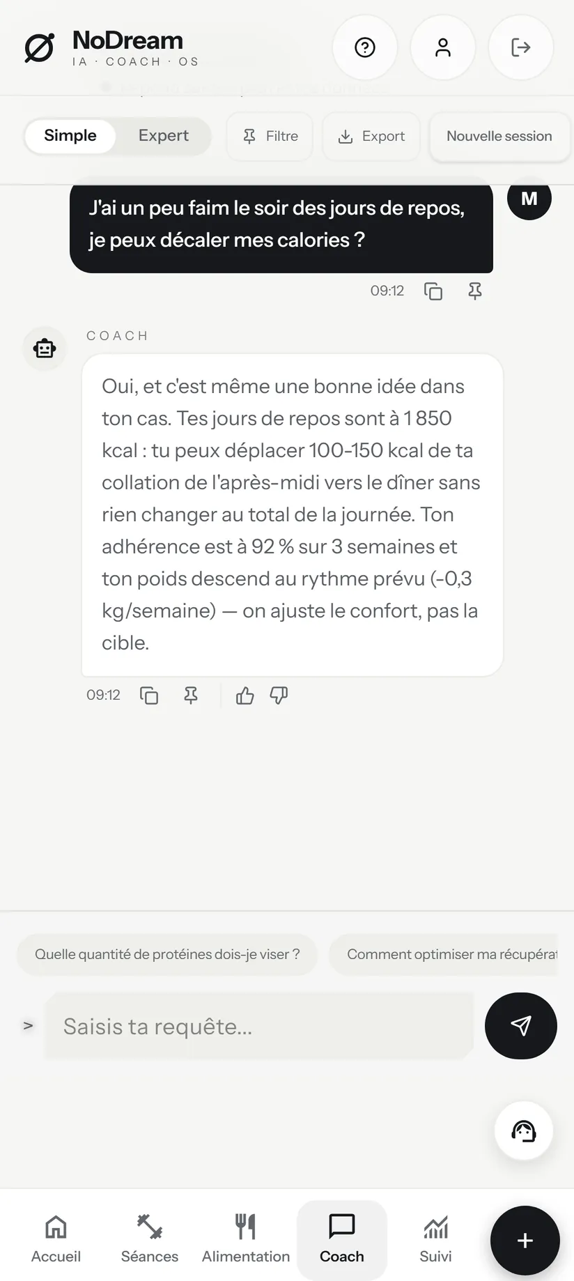 Écran de l'application : Une réponse, et d'où elle vient